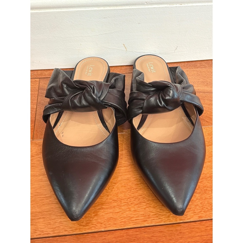 Lewit‎ Knotted Bow Mules Womens Black Italian Leather Pointed Toe Flats Size 38